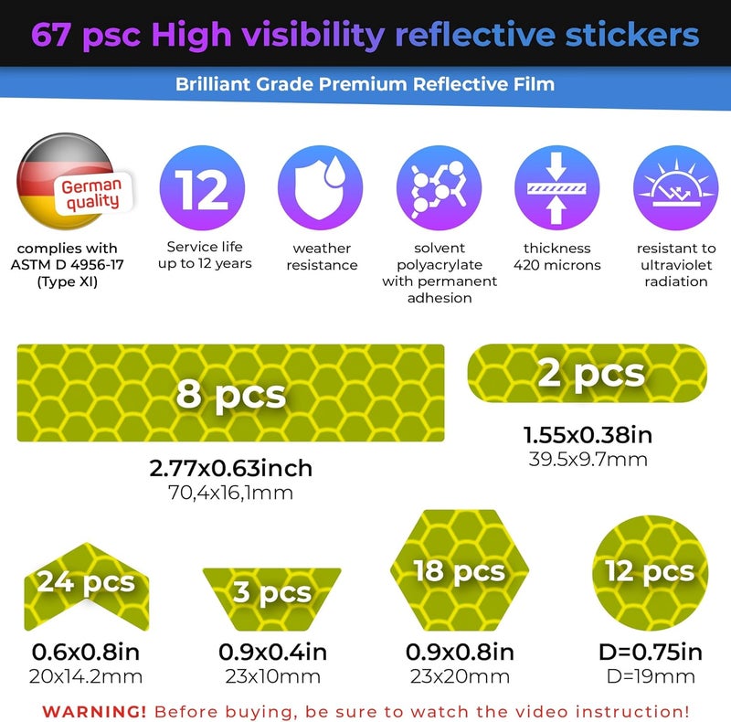 Loom Reflective Stickers | 67pc Brilliant Fl-YEL-Grn | Reflective Stickers for Helmet, Bike, Motorcycle, Hard Hat | Waterproof Reflectors for Car, Trailer | Bike Reflectors for Night Riding - Image 3